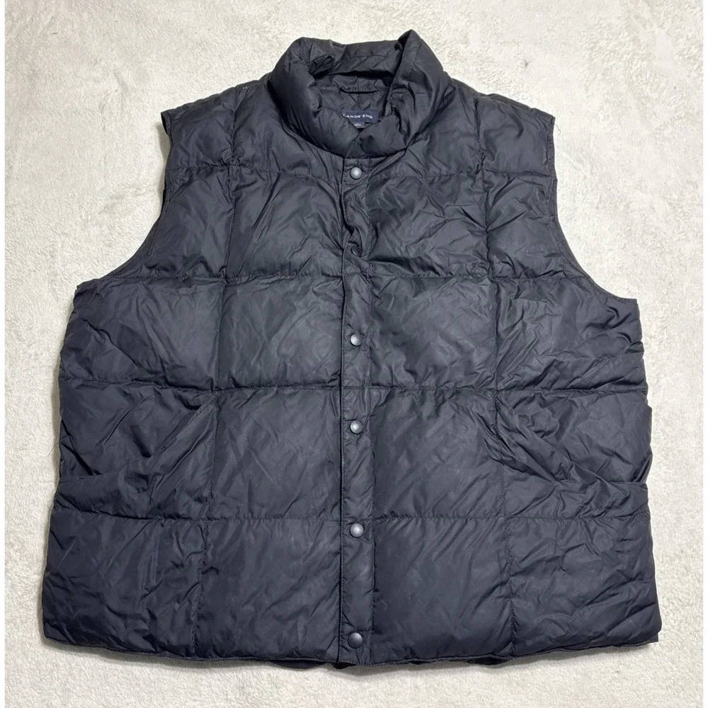 Lands End Mens Large Goose Down Puffer Vest Quilted Black Snap Up Gorpcore